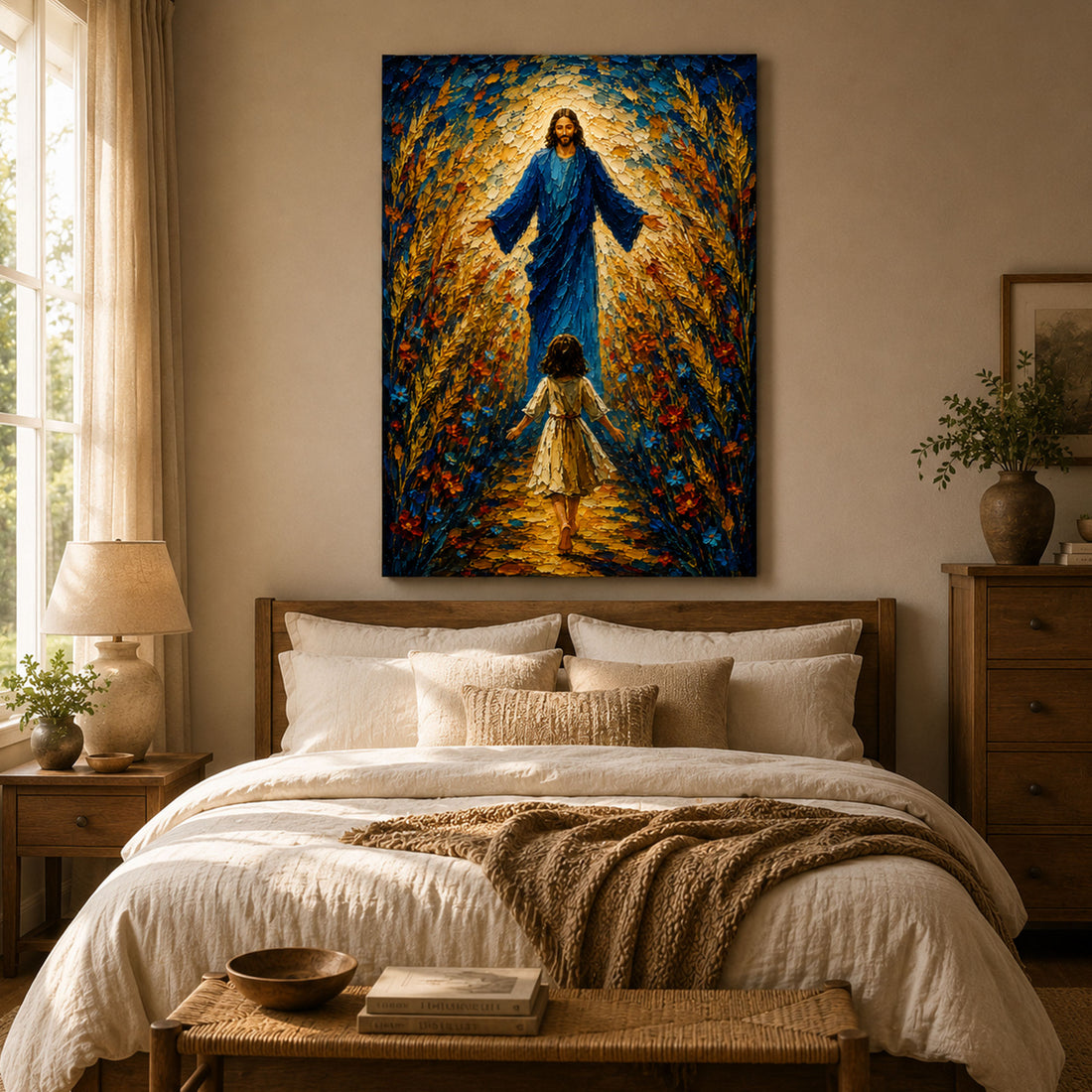 Jesus Welcomes a Little Girl Canvas Print, Christian Child Faith Wall Art, Walk With Jesus Painting, Inspirational Religious Home Decor
