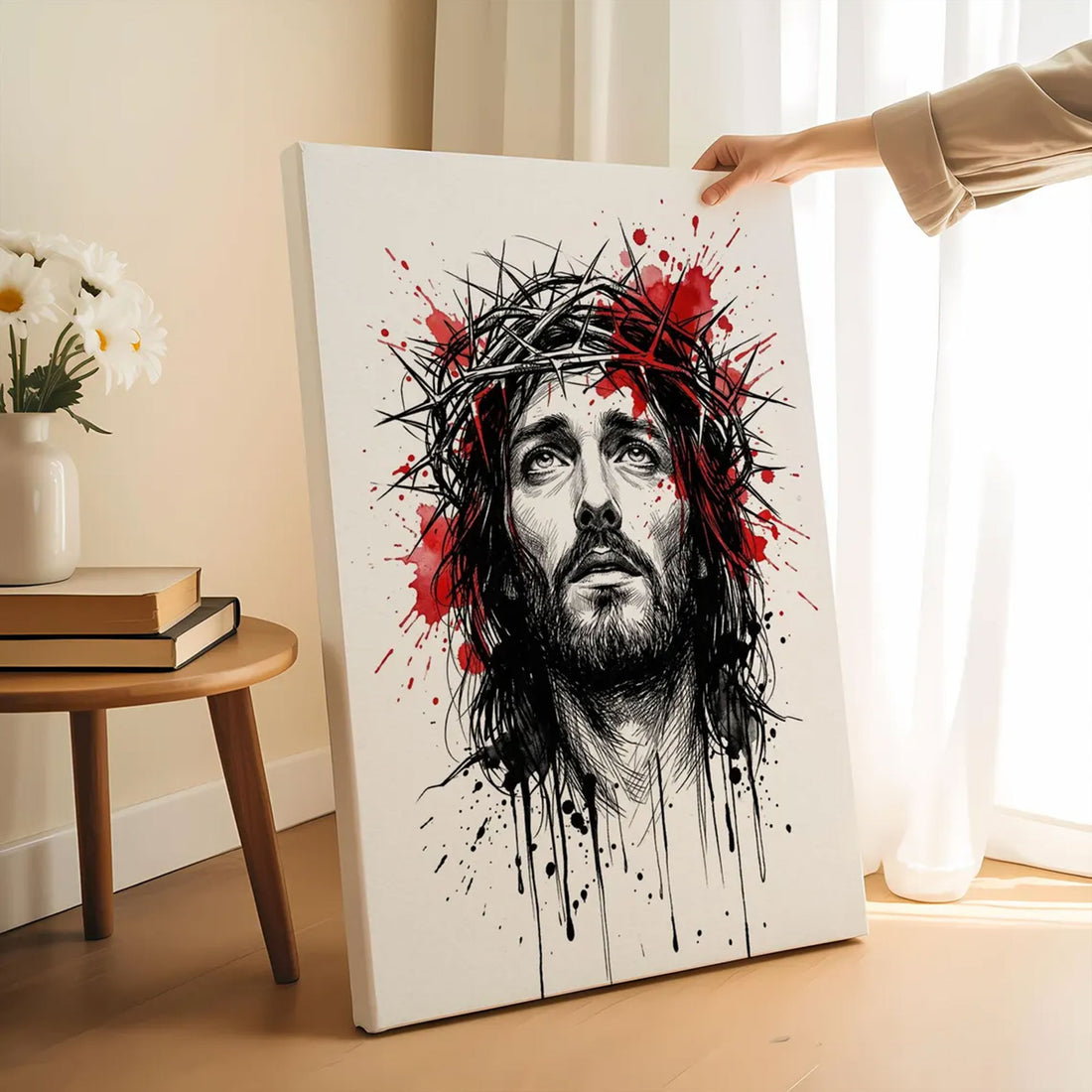 Watercolor Jesus Ink Sketch Canvas Print, Crown of Thorns Christian Wall Art, Modern Savior Decor