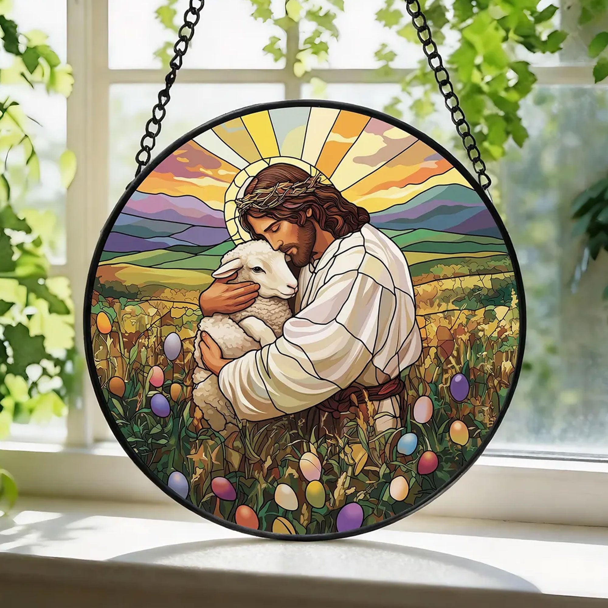 Jesus Good Shepherd Easter Suncatcher, Christ Holding Lamb Window Hanging, Christian Spring Decor