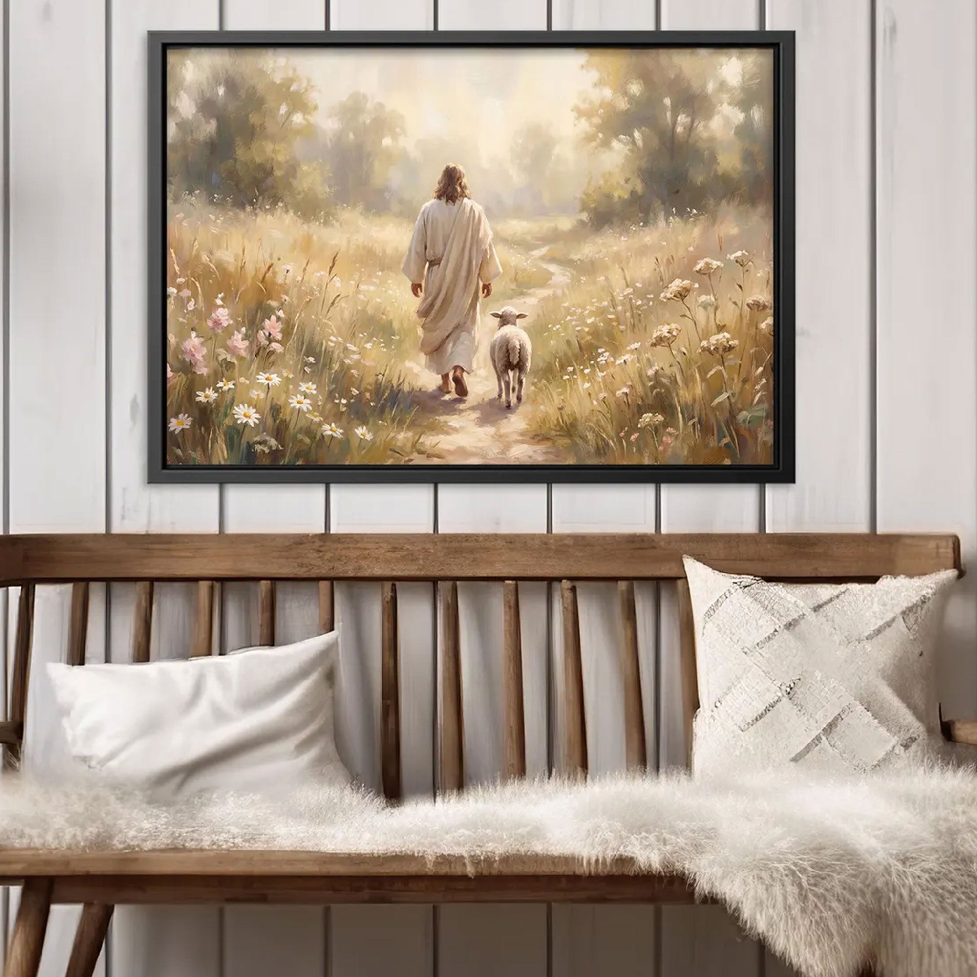 Jesus Walking With Lamb Canvas Wall Art, Christian Faith Decor, Good Shepherd Painting, Religious Home Decor
