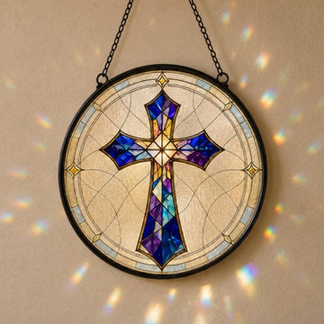 Christian Cross Stained Glass Suncatcher, Blue Purple Faith Window Hanging, Religious Gift
