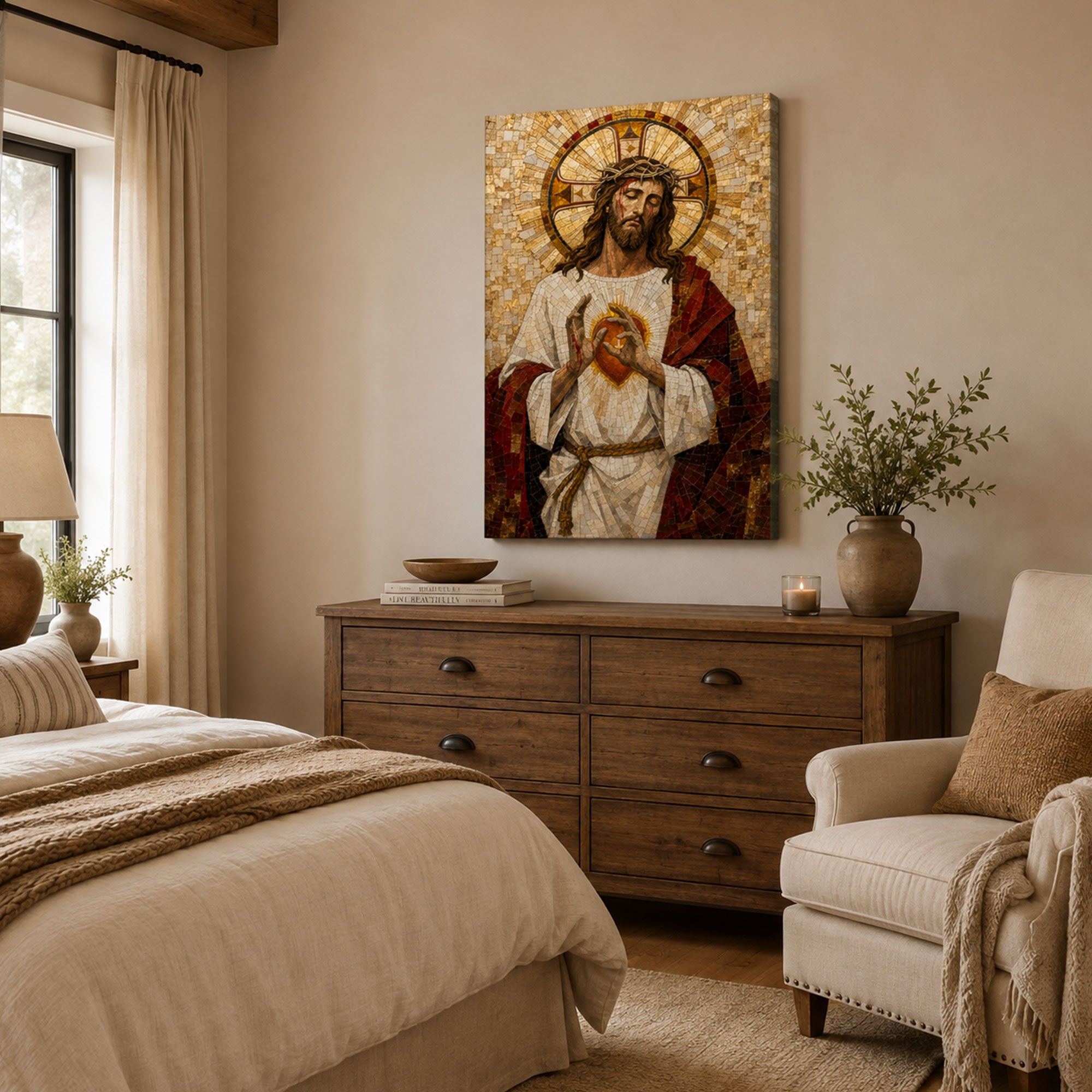 Sacred Heart of Jesus Mosaic Canvas Print, Catholic Home Decor