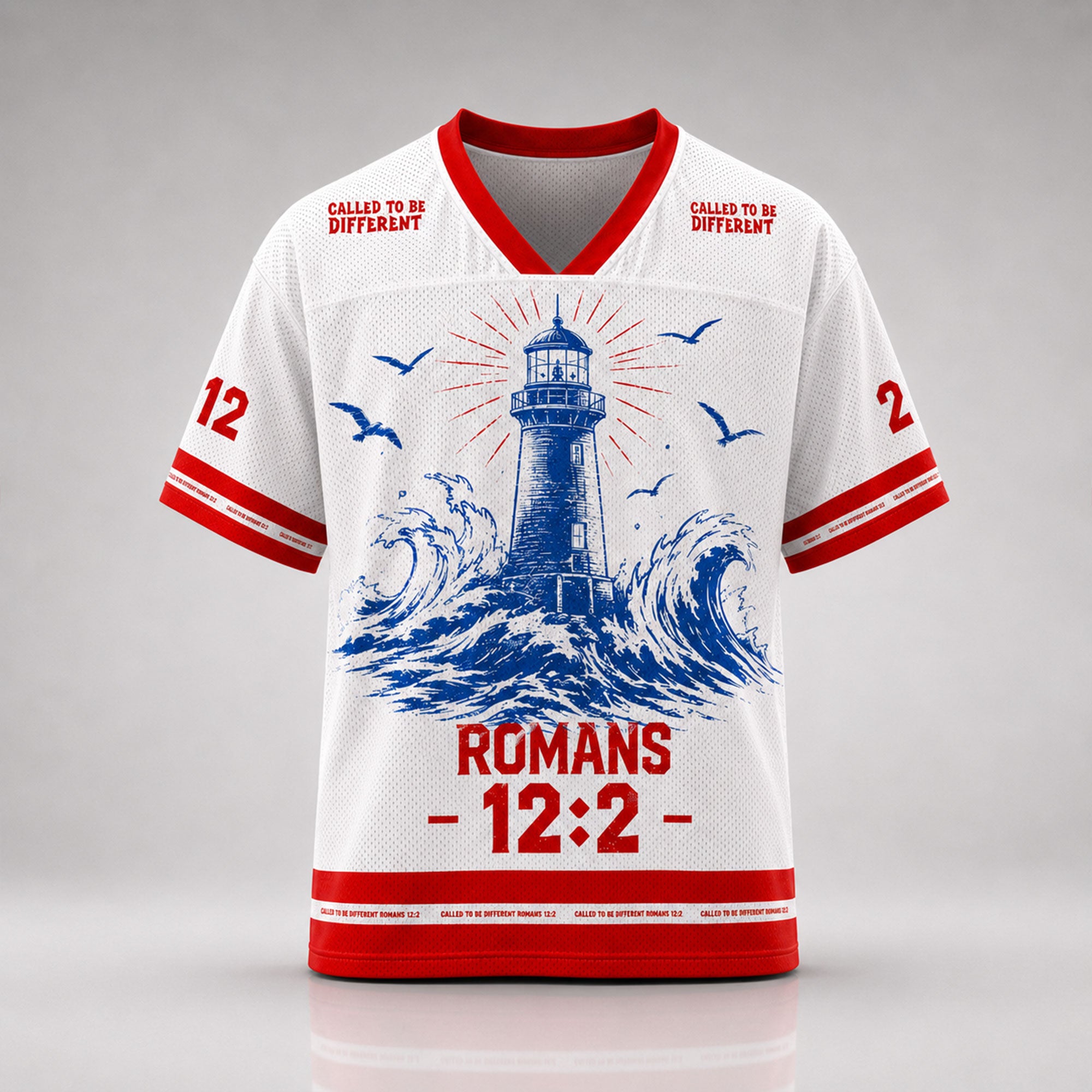 Romans 12:2 Christian Mesh Jersey, Called to Be Different Lighthouse and Cross Bible Verse Shirt