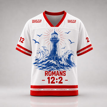 Romans 12:2 Christian Mesh Jersey, Called to Be Different Lighthouse and Cross Bible Verse Shirt