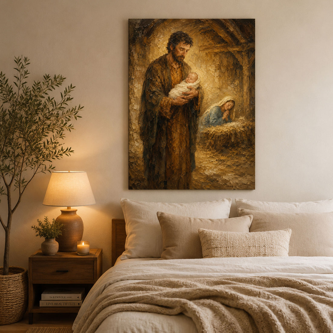 Holy Family Nativity Canvas Print, St. Joseph Holding Baby Jesus, Christmas Catholic Wall Art, Christian Home Decor