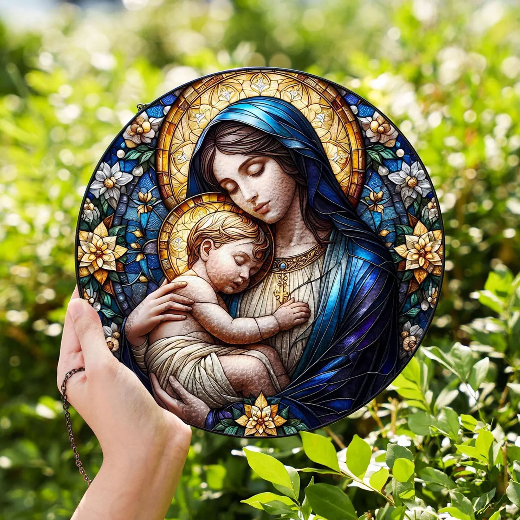 Virgin Mary and Baby Jesus Suncatcher, Blessed Mother Catholic Window Hanging, Christian Gift for Mom