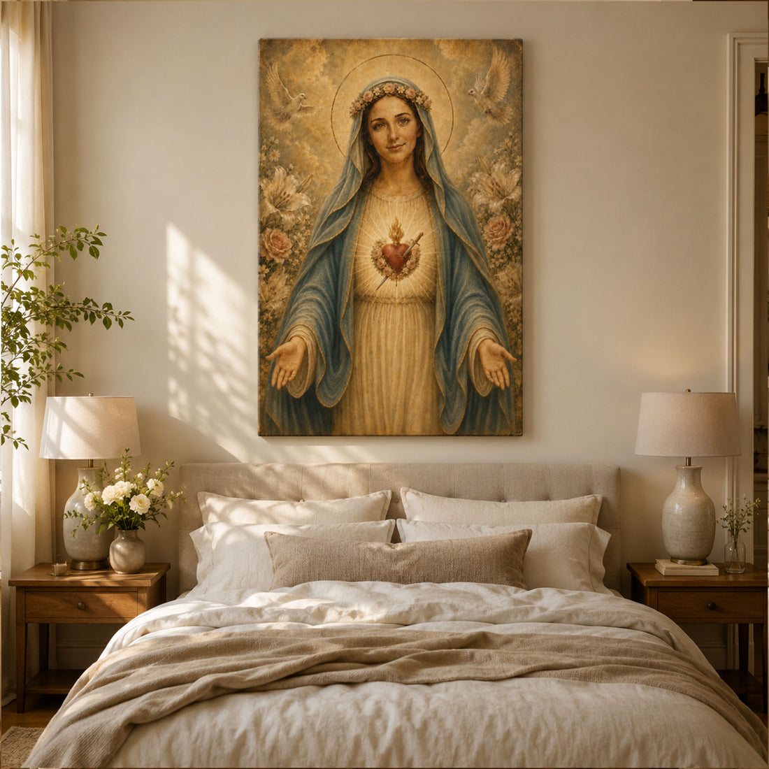 Immaculate Heart of Mary Canvas Print, Blessed Virgin Mary Catholic Wall Art, Floral Religious Home Decor Gift