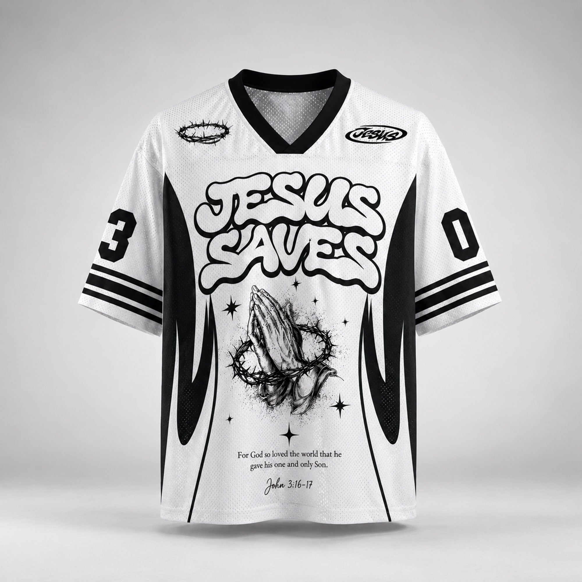 Jesus Saves Christian Mesh Jersey, John 3:16–17 Bible Verse Shirt, Praying Hands and Crown of Thorns Faith Apparel