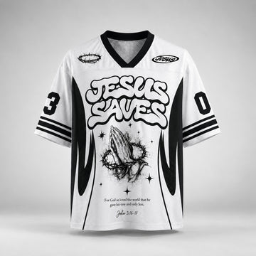 Jesus Saves Christian Mesh Jersey, John 3:16–17 Bible Verse Shirt, Praying Hands and Crown of Thorns Faith Apparel