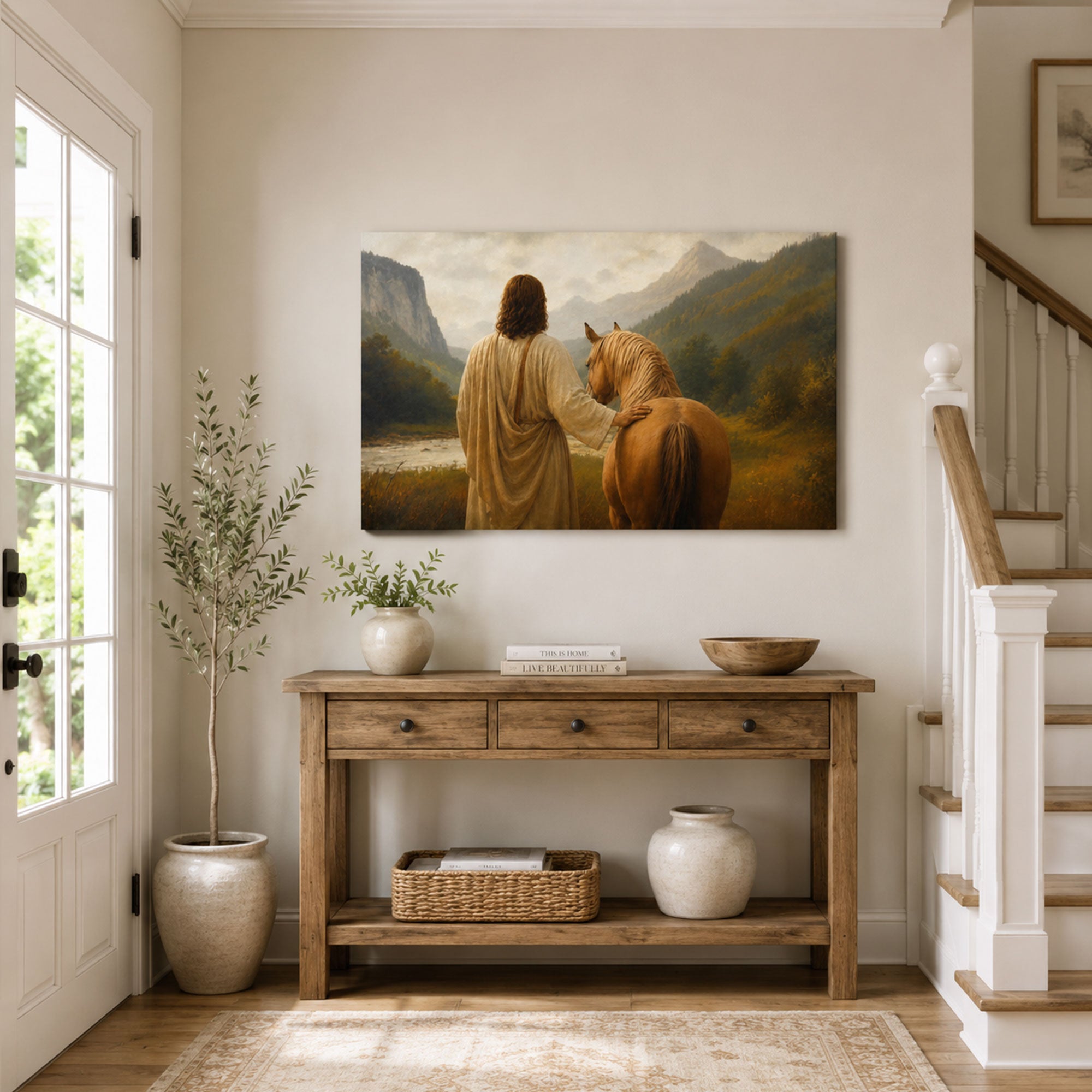 Jesus Walking with a Horse Canvas Print, Christian Home Decor