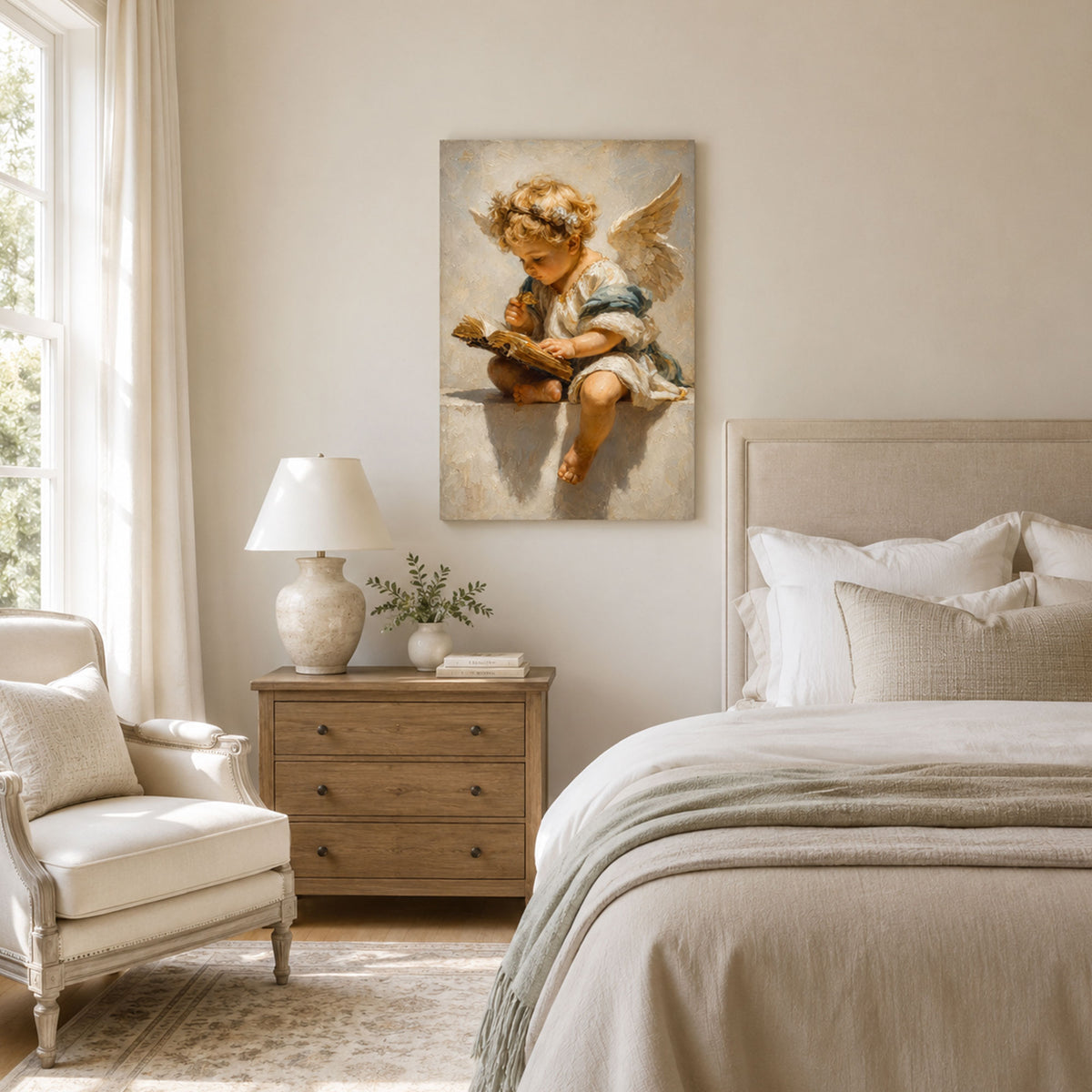 Little Angel Reading the Bible Canvas Print, Christian Wall Decor, Faith Gift for Home