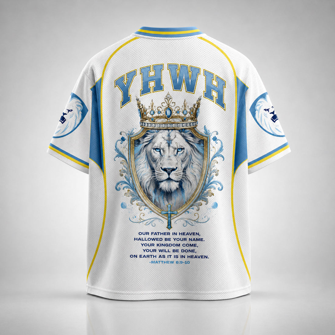 YHWH Lion of Judah Christian Mesh Jersey, Matthew 6:9–10 Crowned Lion Bible Verse Shirt
