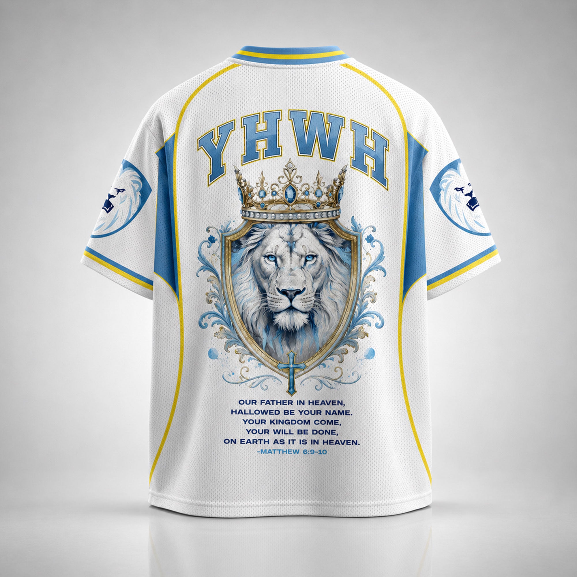 YHWH Lion of Judah Christian Mesh Jersey, Matthew 6:9–10 Crowned Lion Bible Verse Shirt