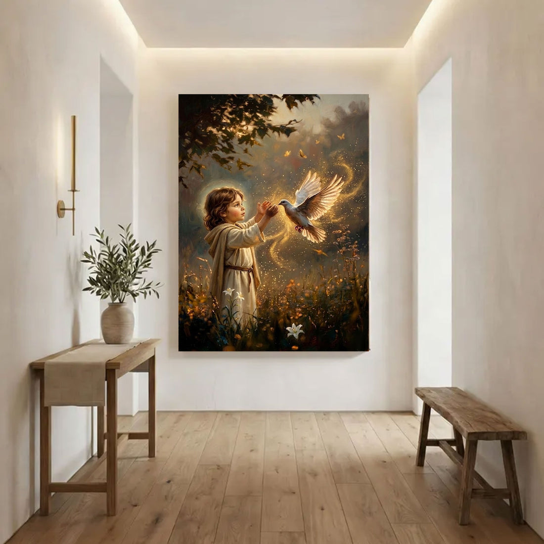 Child with Holy Spirit Dove Canvas Print, Christian Faith Wall Art, Symbol of Innocence and Divine Presence, Spiritual Light Decor, Inspirational Gift