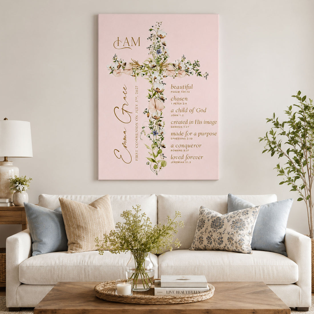 First Communion Gift for Girl, Floral Cross Printable Wall Art, Holy Communion Confirmation Baptism Keepsake, Christian Faith Gift