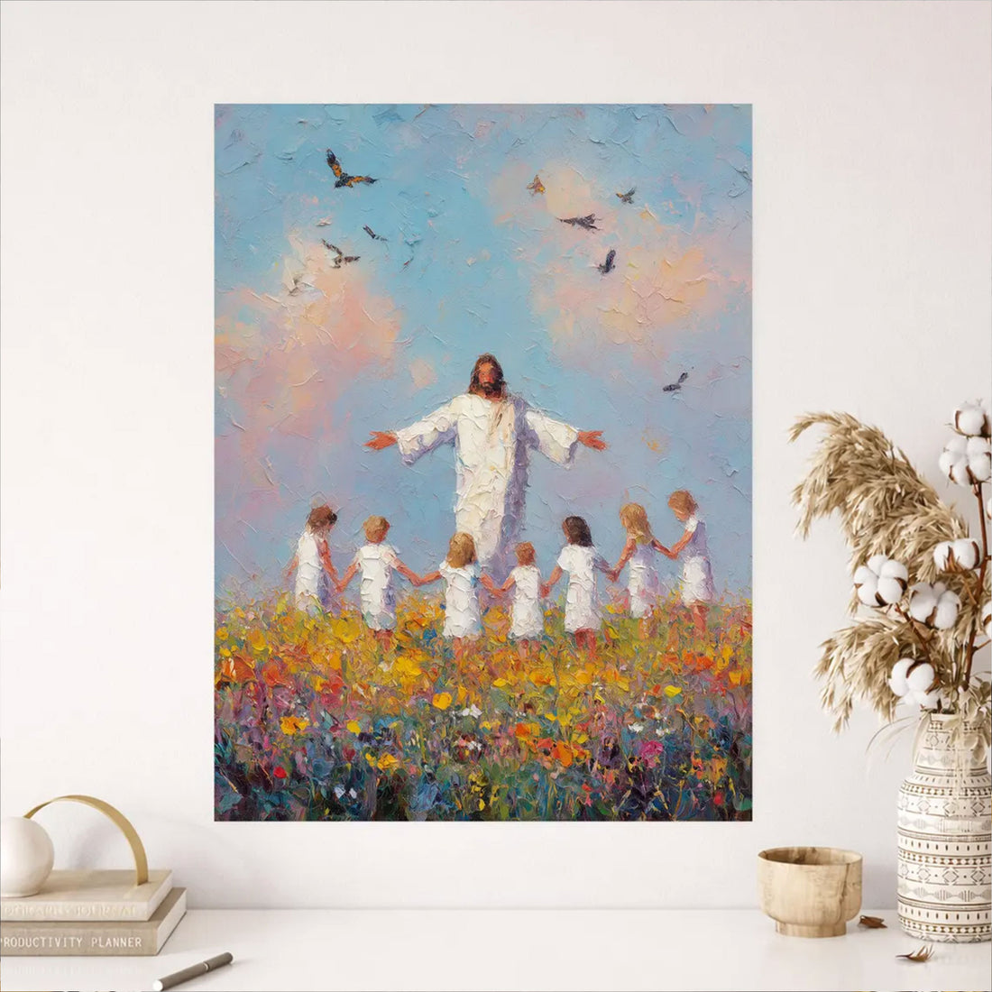 Jesus and Children Canvas Print, Colorful Faith Painting, Christian Religious Home Decor