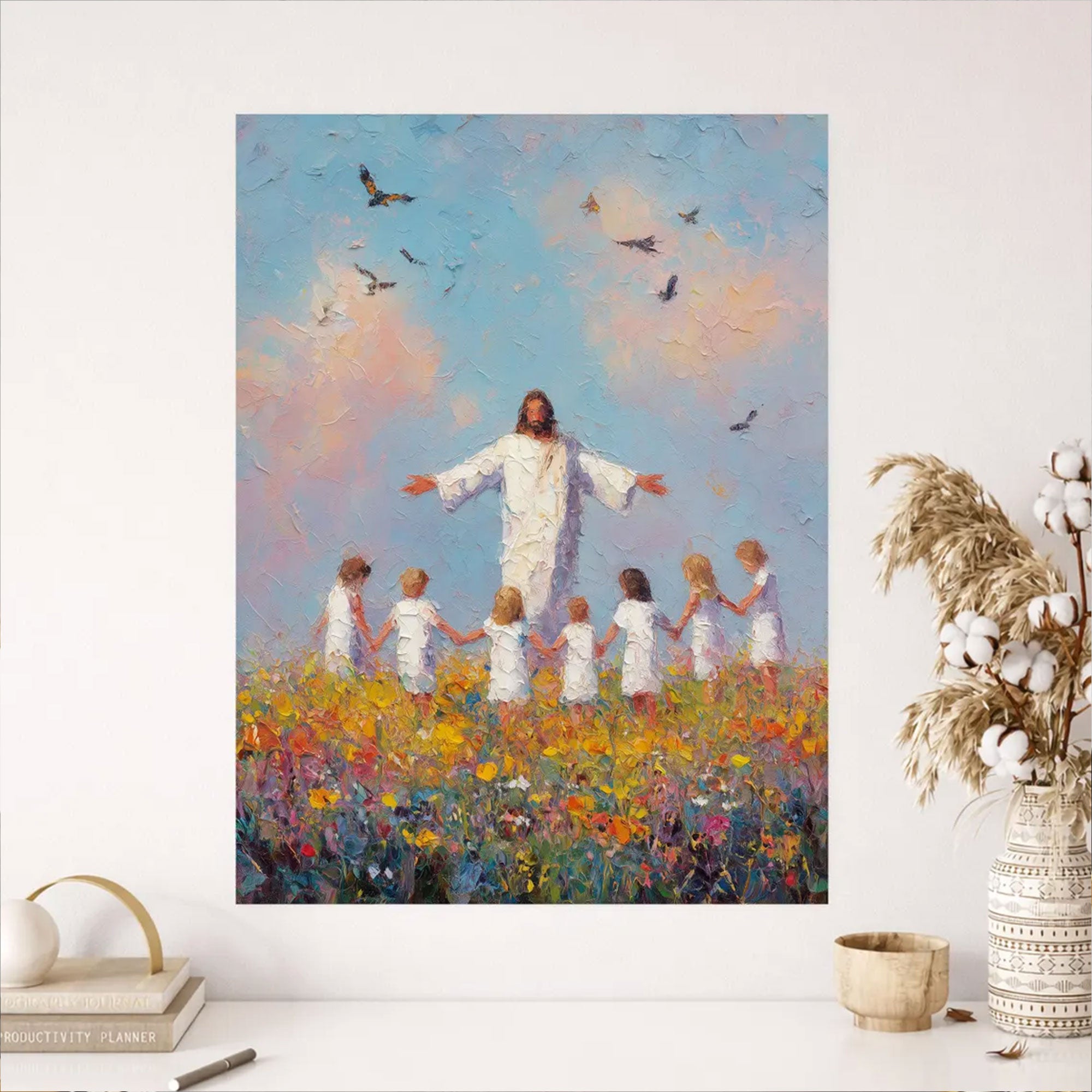 Jesus and Children Canvas Print, Colorful Faith Painting, Christian Religious Home Decor