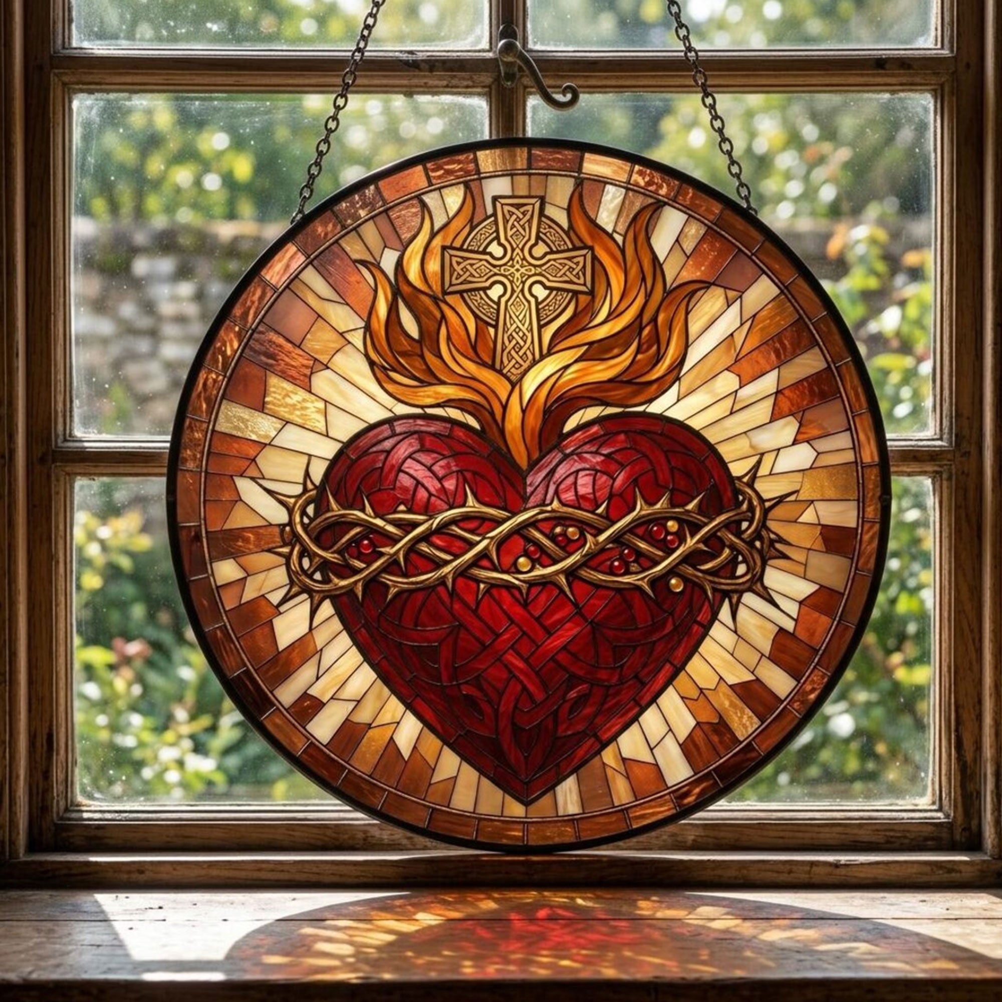 Sacred Heart of Jesus Suncatcher, Crown of Thorns and Cross, Catholic Window Hanging