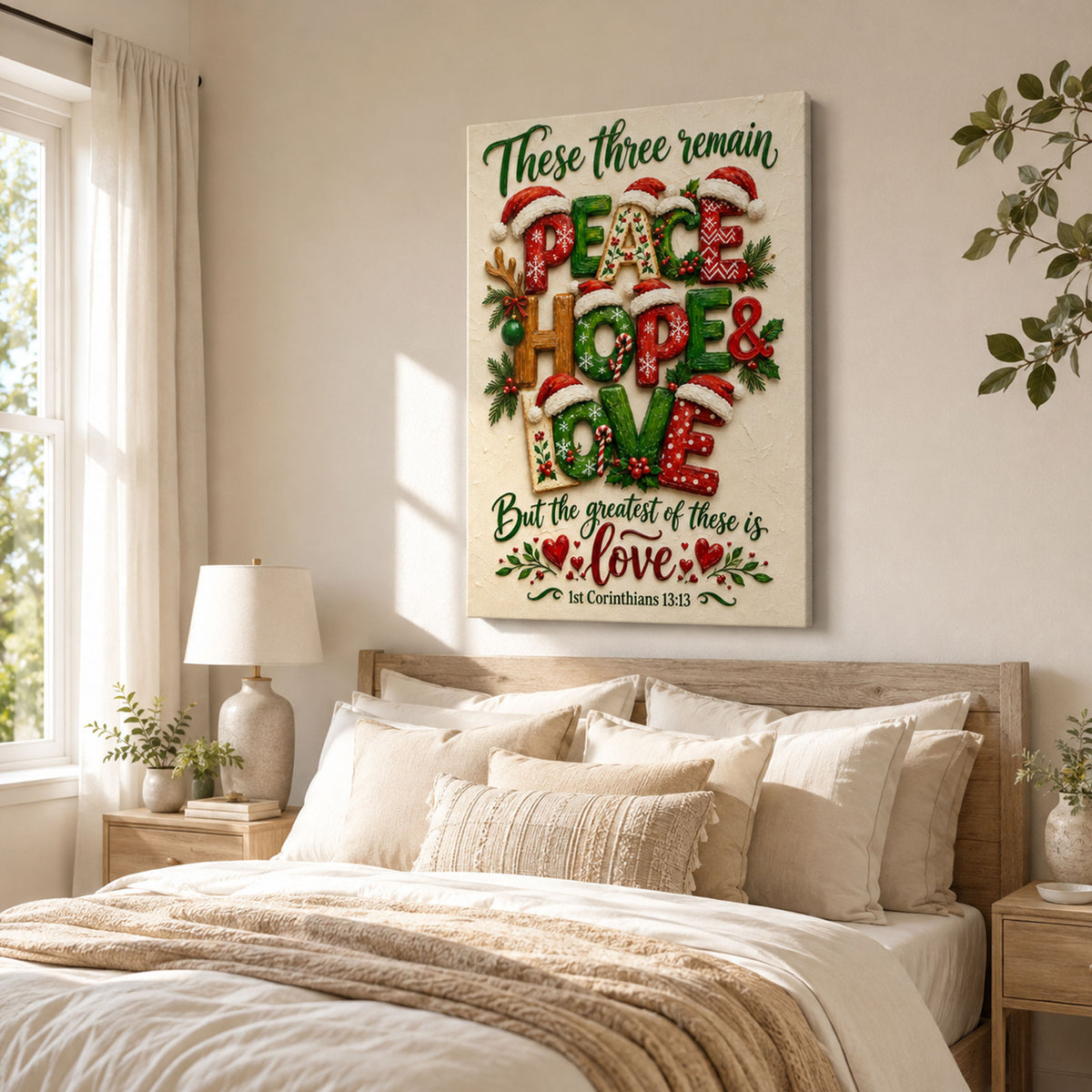 Peace Hope Love Christmas Canvas Print, 1 Corinthians 13:13 Christian Wall Decor, Faith Gift