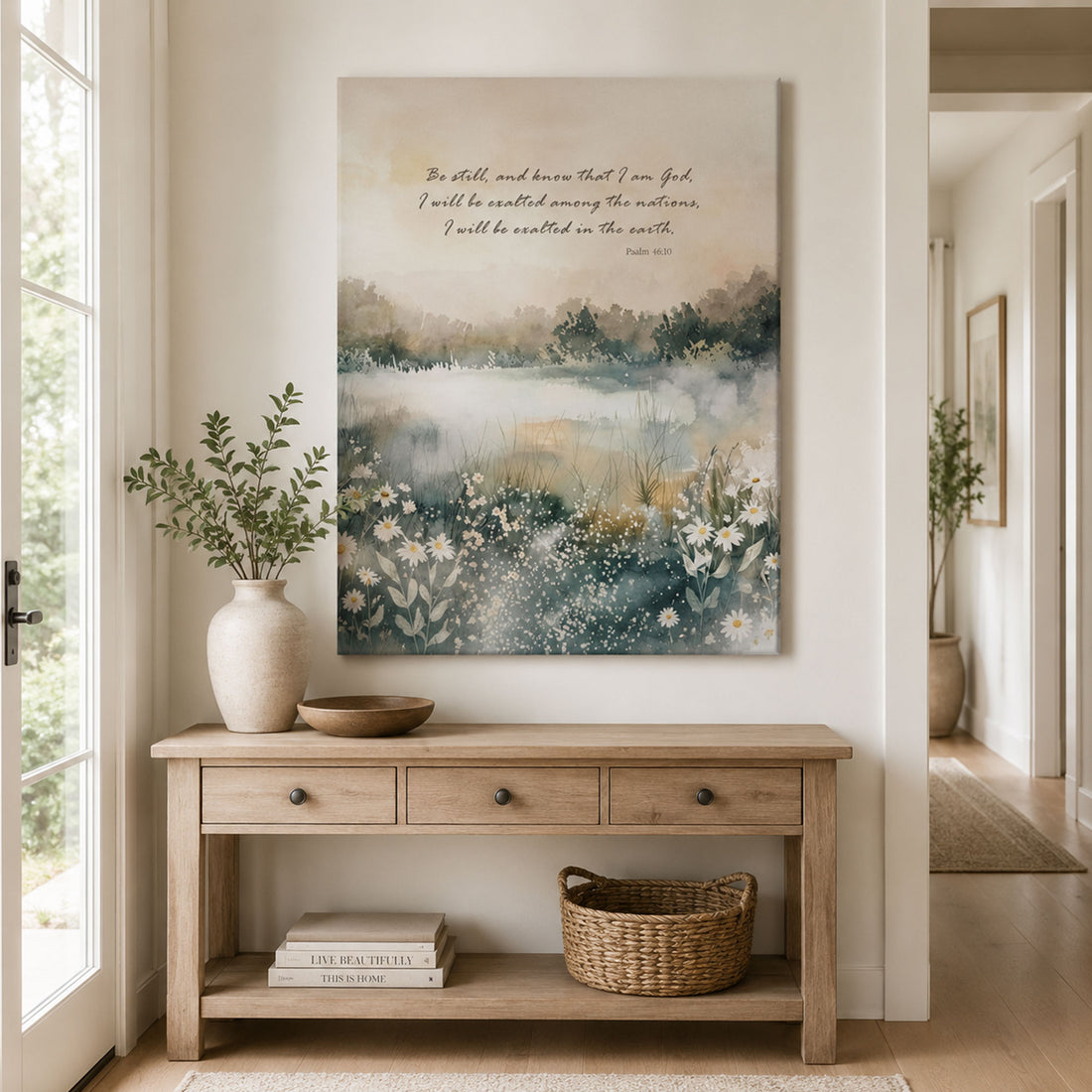 Be Still and Know That I Am God Canvas Print, Psalm 46:10 Scripture Wall Art, Neutral Christian Landscape Painting, Peaceful Faith Home Decor