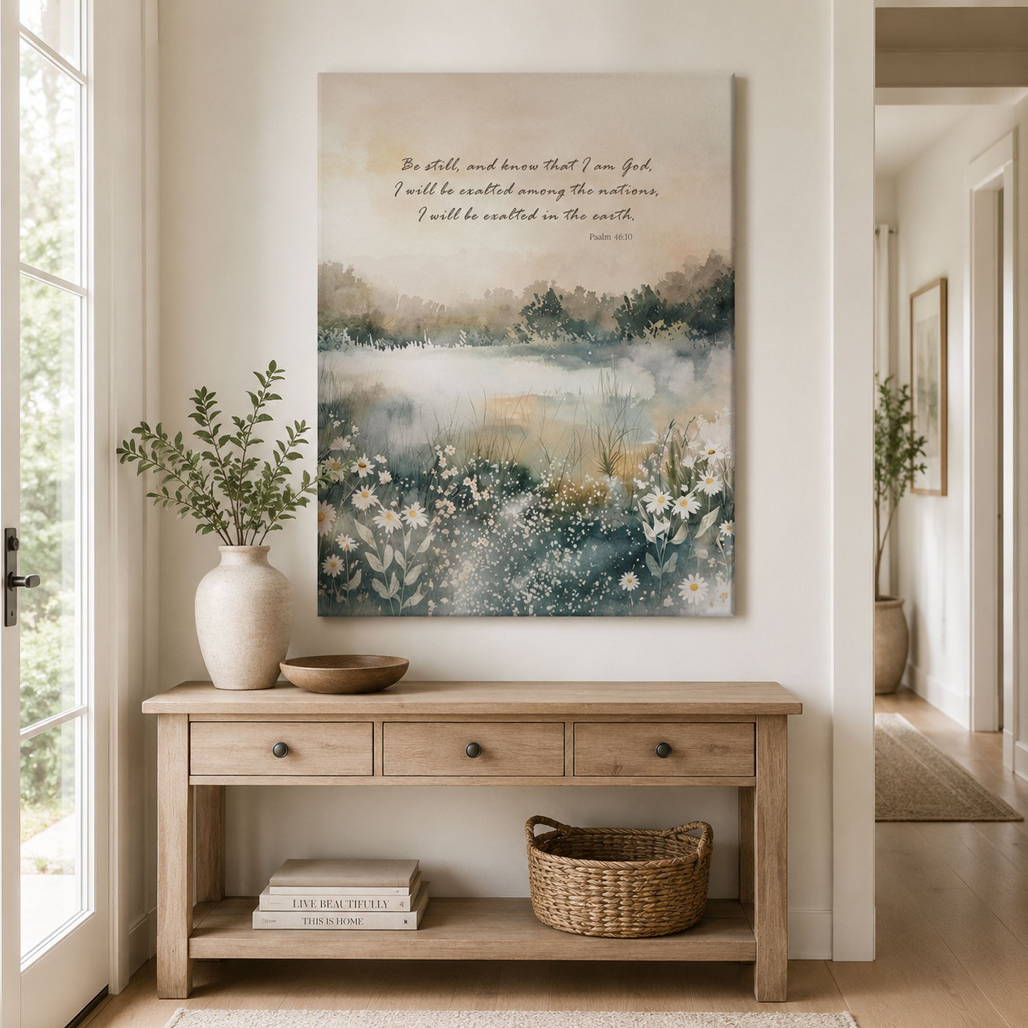 Be Still and Know That I Am God Canvas Print, Psalm 46:10 Scripture Wall Art, Neutral Christian Landscape Painting, Peaceful Faith Home Decor