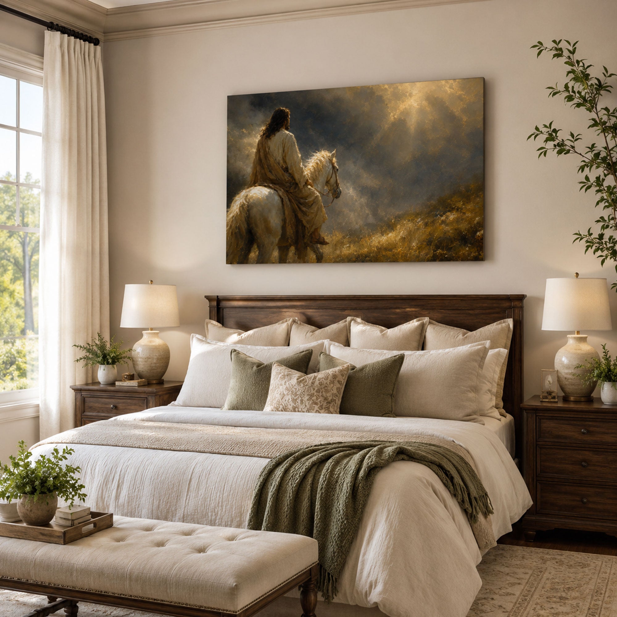 Jesus Riding a White Horse Toward the Light Canvas Print, Christian Home Decor
