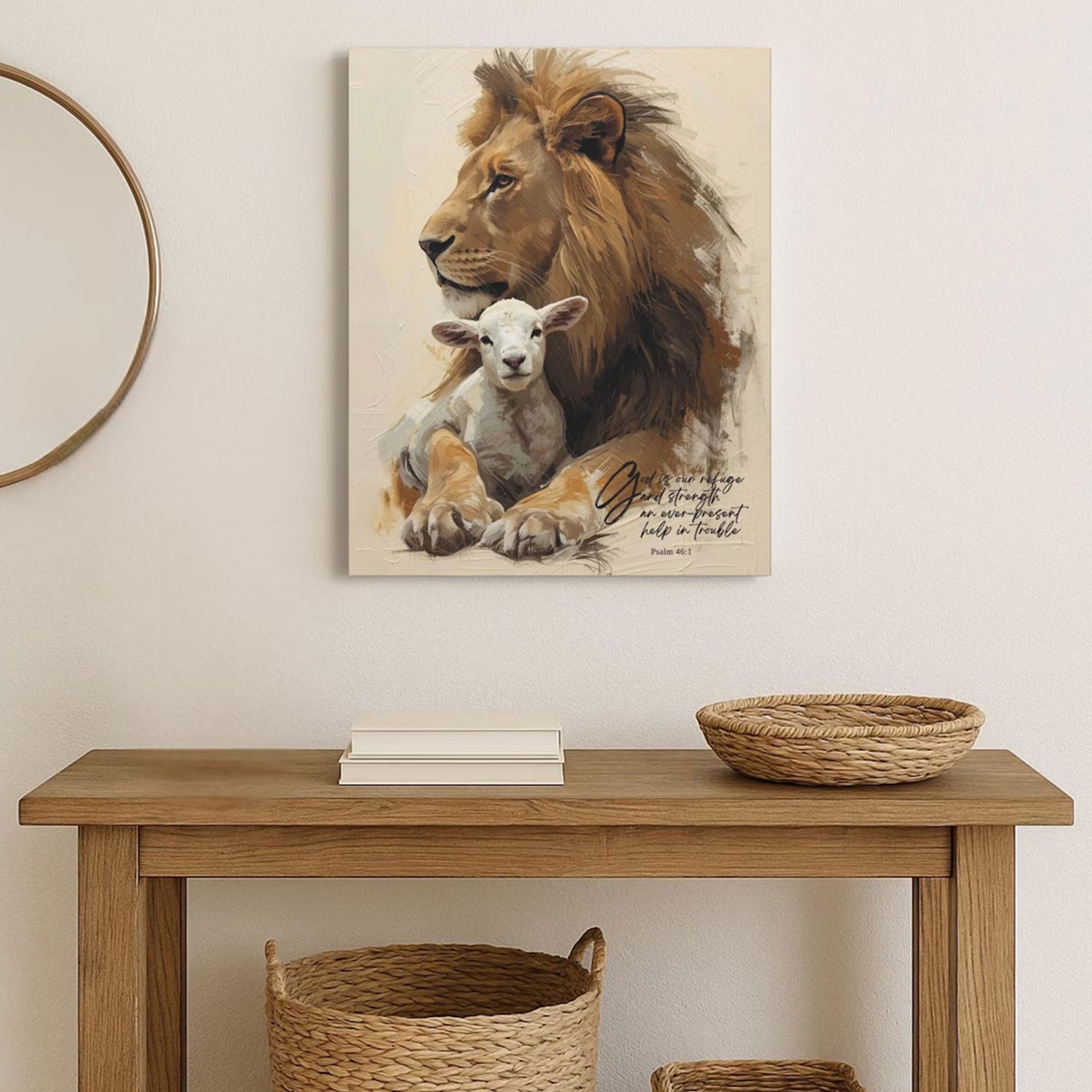 Lion and Lamb Canvas Print with Psalm 46:1, Christian Wall Art, Bible Verse Decor, Faith Inspired Gift