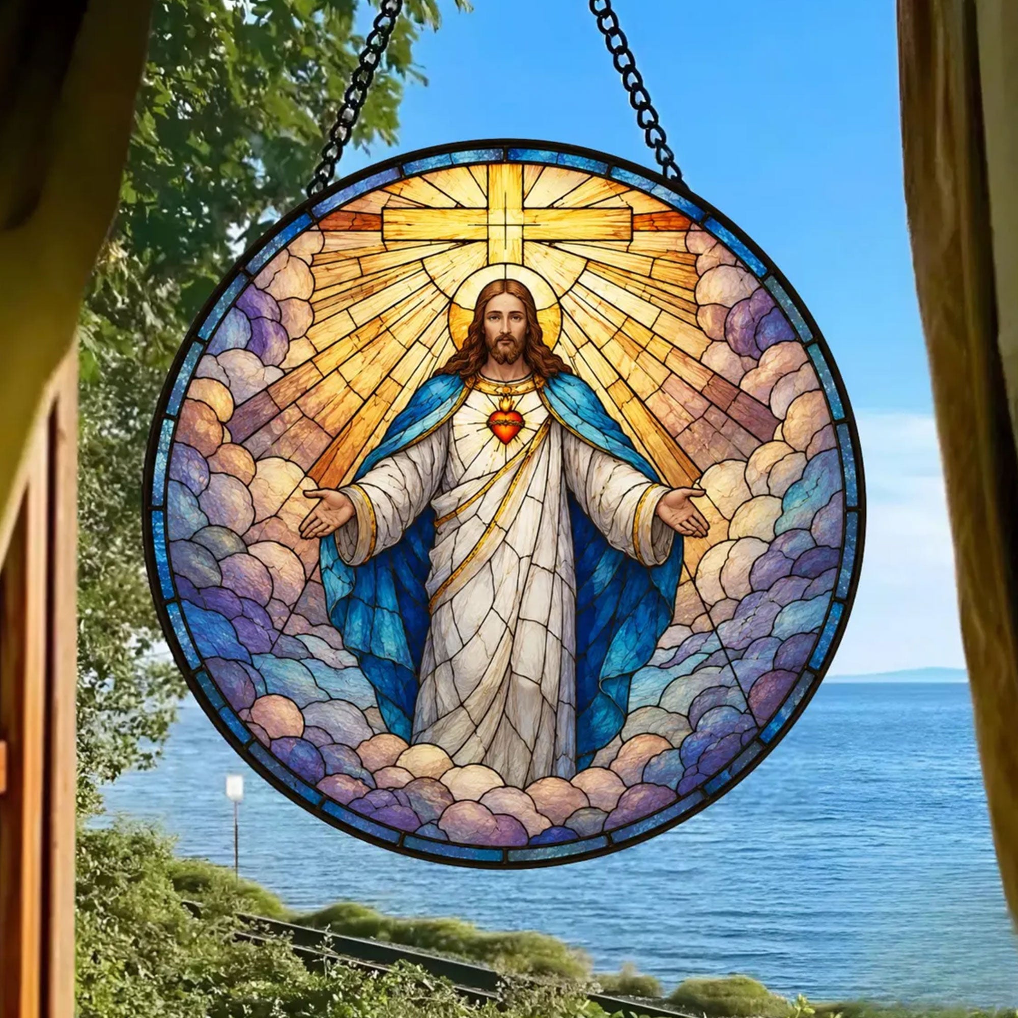 Sacred Heart of Jesus Suncatcher, Radiant Cross Catholic Window Hanging, Christian Faith Decor