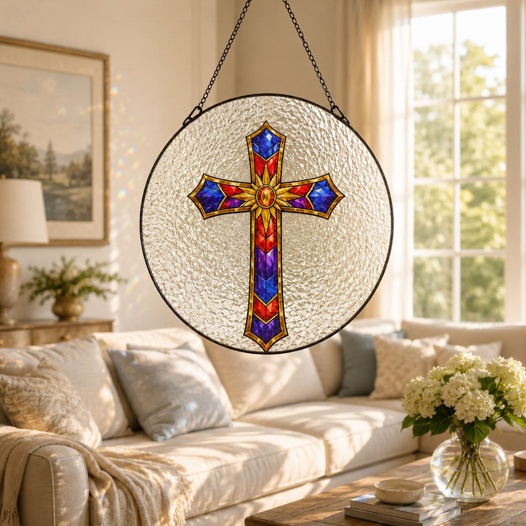 Christian Cross Suncatcher, Red Blue Purple Stained Glass Window Hanging, Faith Home Decor