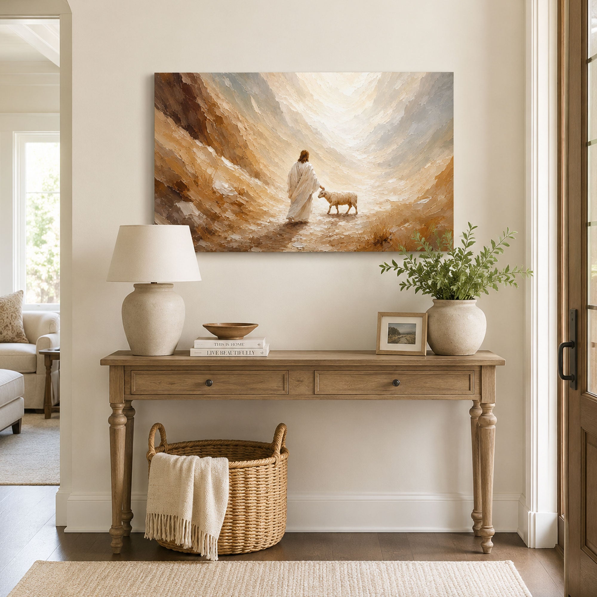 Good Shepherd Meeting the Lost Lamb Canvas Print, Christian Home Decor