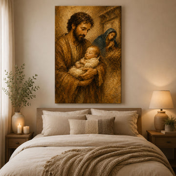 St. Joseph Holding Sleeping Baby Jesus Canvas Print, Holy Family Wall Art, Catholic Family Painting, Christian Home Decor