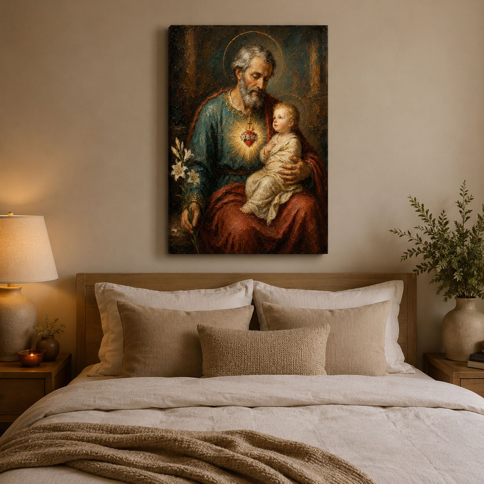 St. Joseph and Child Jesus Canvas Print, Sacred Heart Catholic Wall Art, Patron of Families Painting, Christian Home Decor