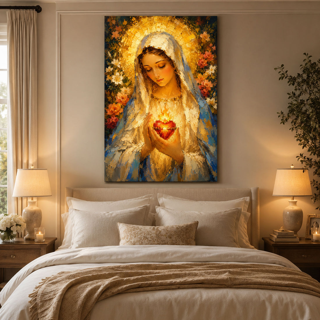 Immaculate Heart of Mary Canvas Print, Blessed Virgin Mary Wall Art, Catholic Sacred Heart Painting, Floral Religious Home Decor