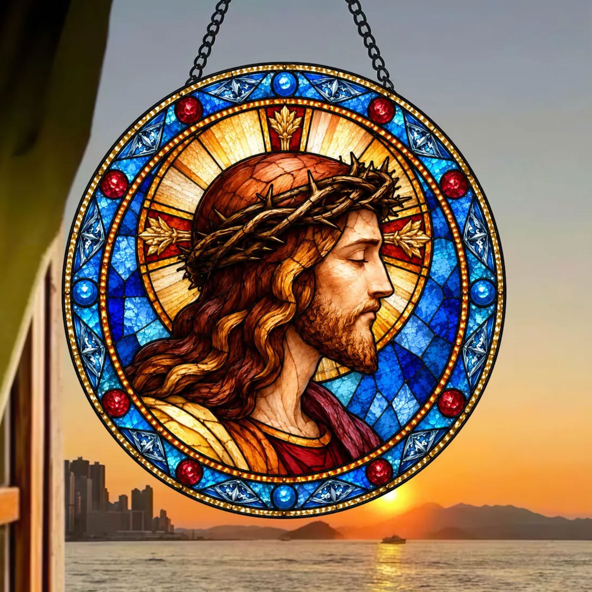 Jesus Crown of Thorns Suncatcher, Catholic Window Hanging, Christian Religious Gift