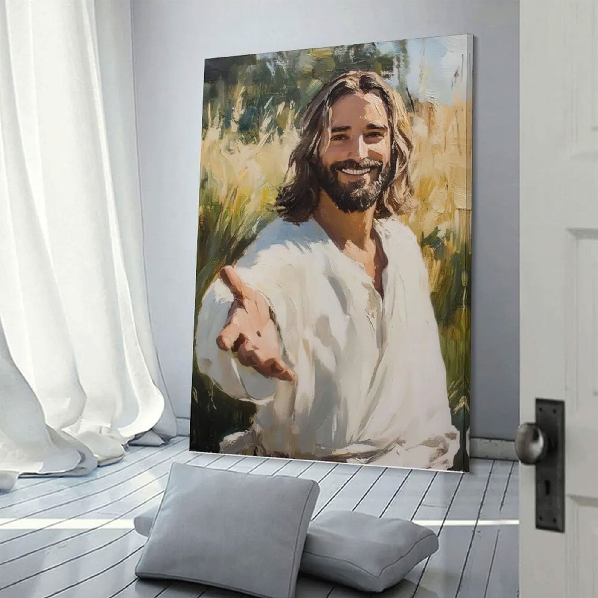 Jesus Reaching Out Canvas Wall Art, Christian Painting, Inspirational Religious Home Decor