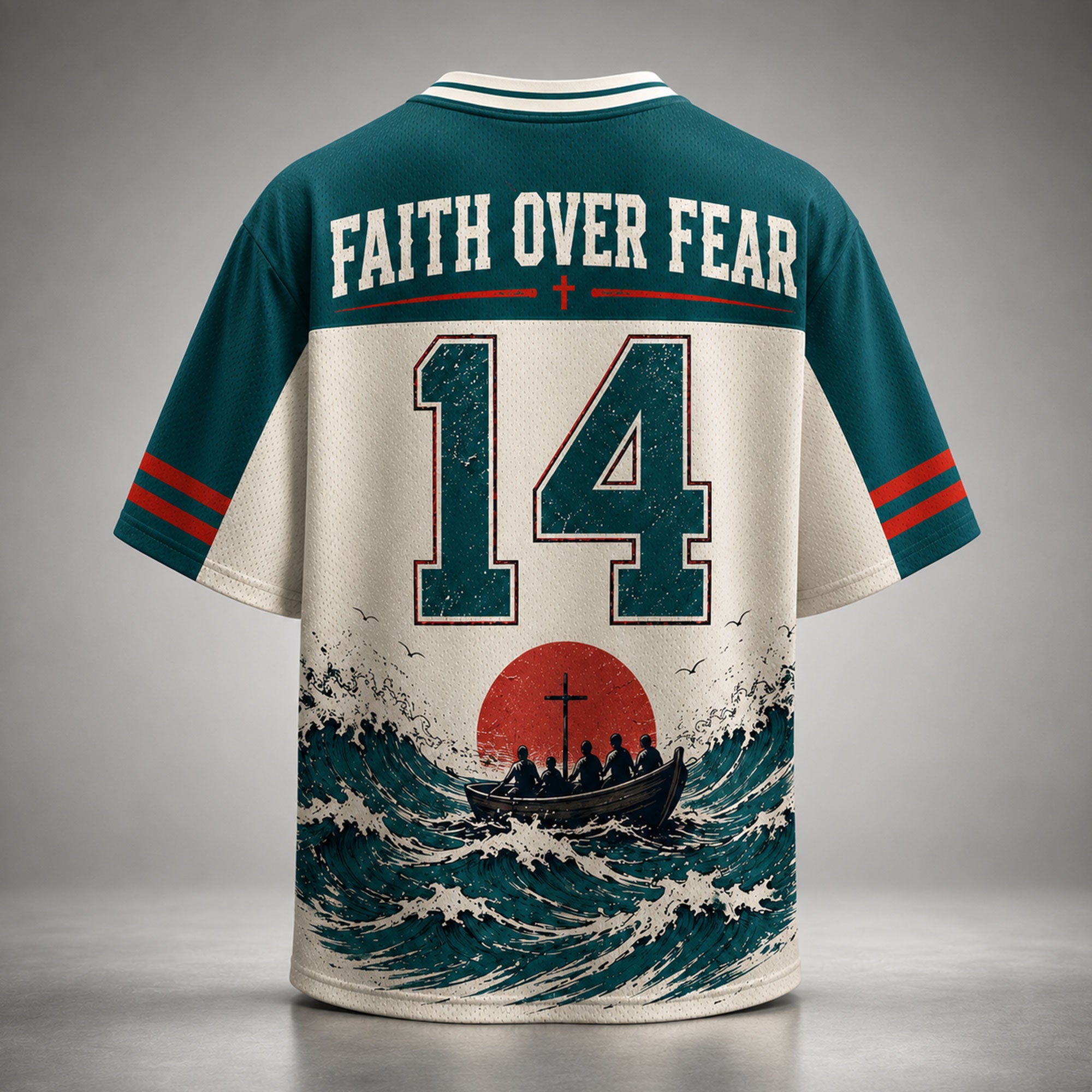 Jesus Walking on Water Christian Mesh Jersey, Faith Over Fear Number 14 Shirt, Japanese Wave Bible Verse Apparel
