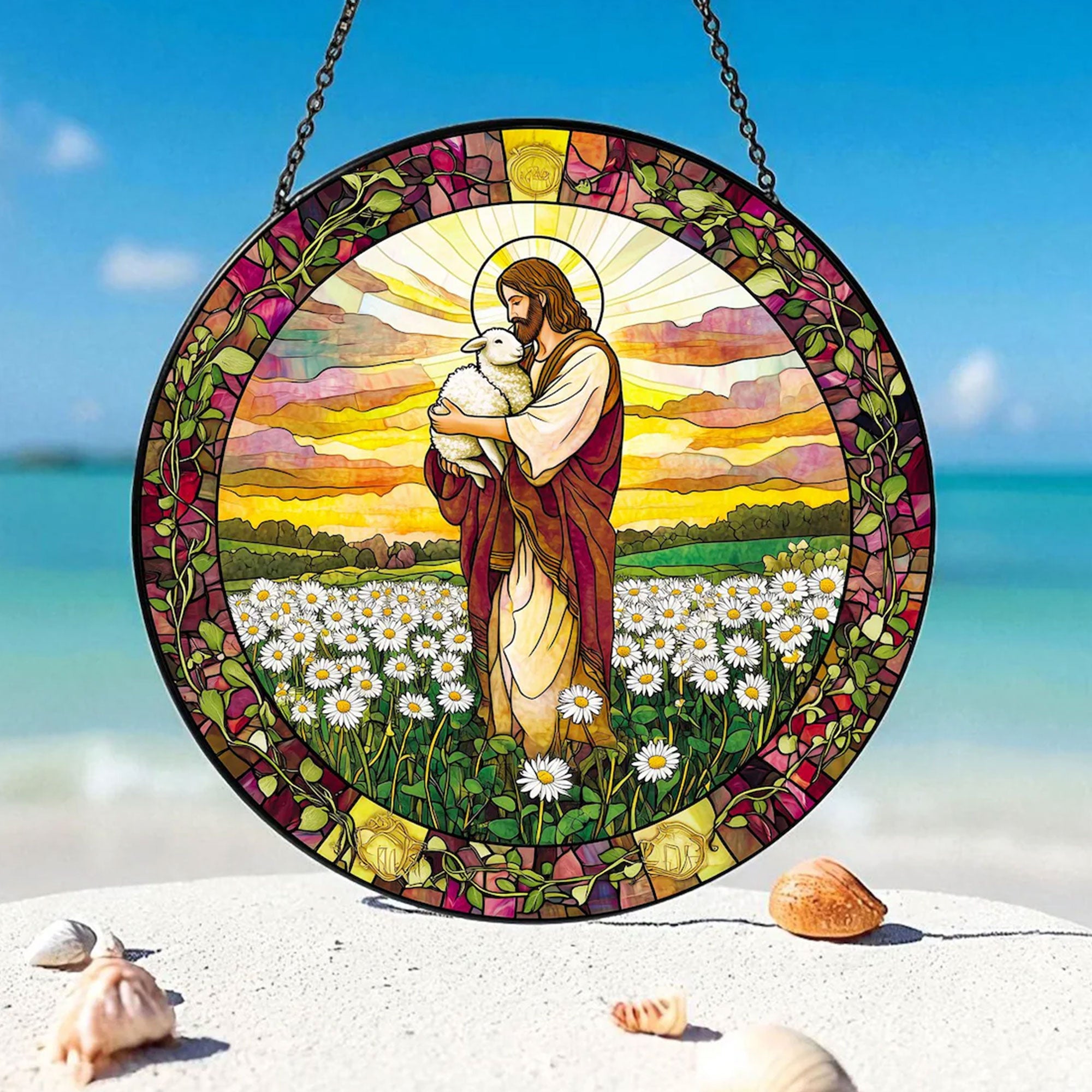 Jesus Holding Lamb Stained Glass Suncatcher, Golden Field Window Hanging, Christian Decor Gift