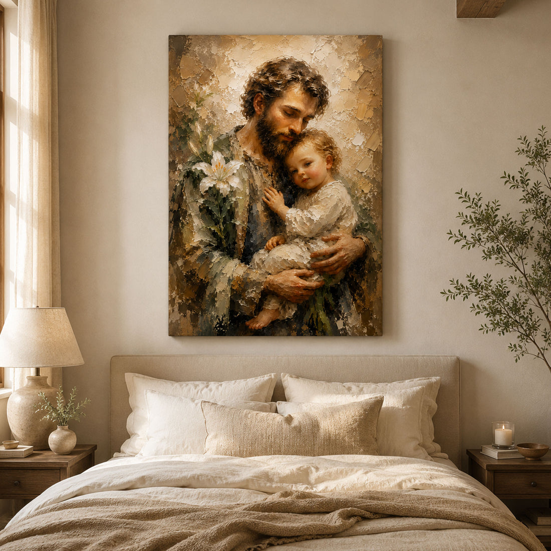 St. Joseph and Child Jesus Canvas Print, Saint Joseph with Lily Wall Art, Catholic Family Decor, Christian Religious Painting