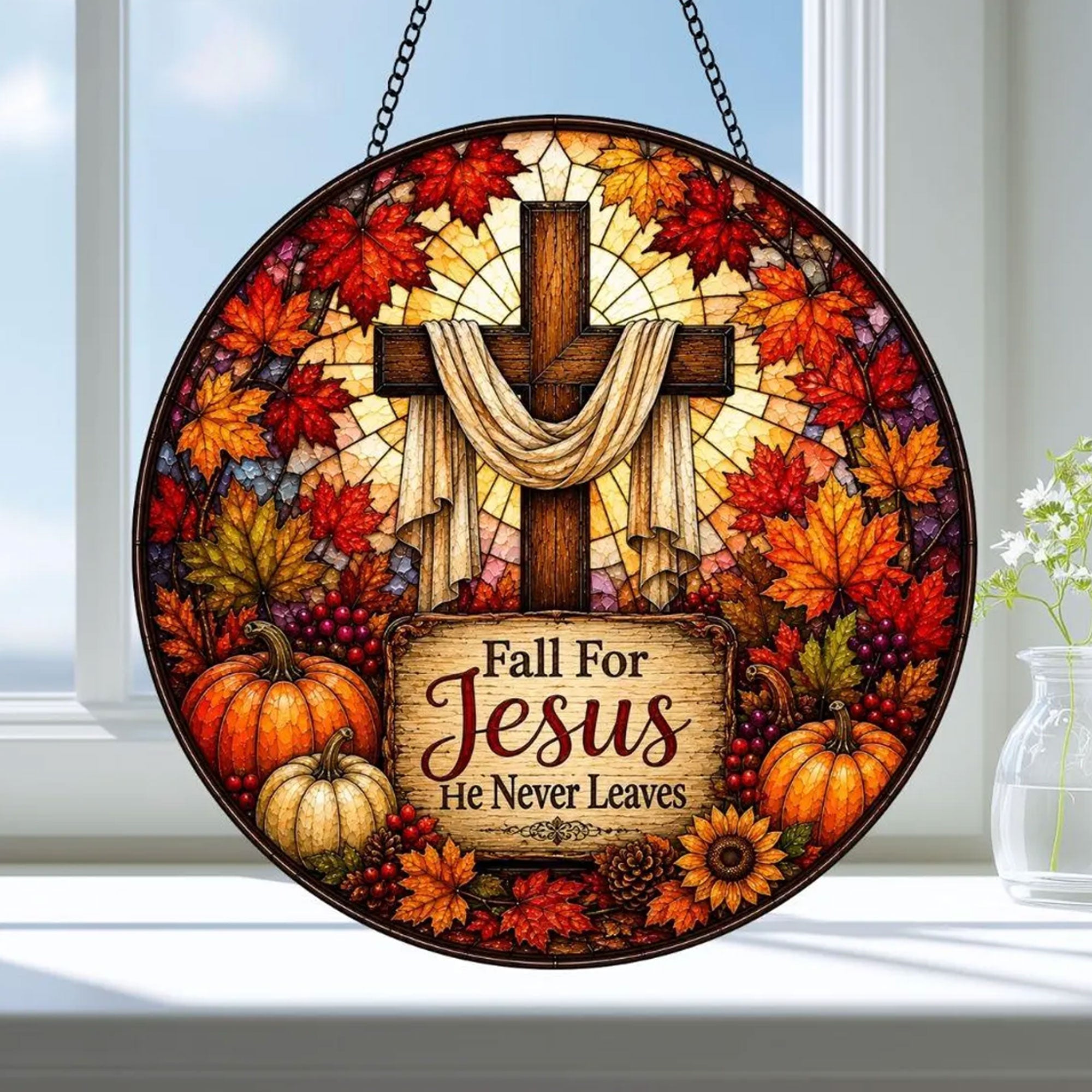 Fall for Jesus Christian Suncatcher, He Never Leaves Cross Window Hanging, Autumn Faith Decor