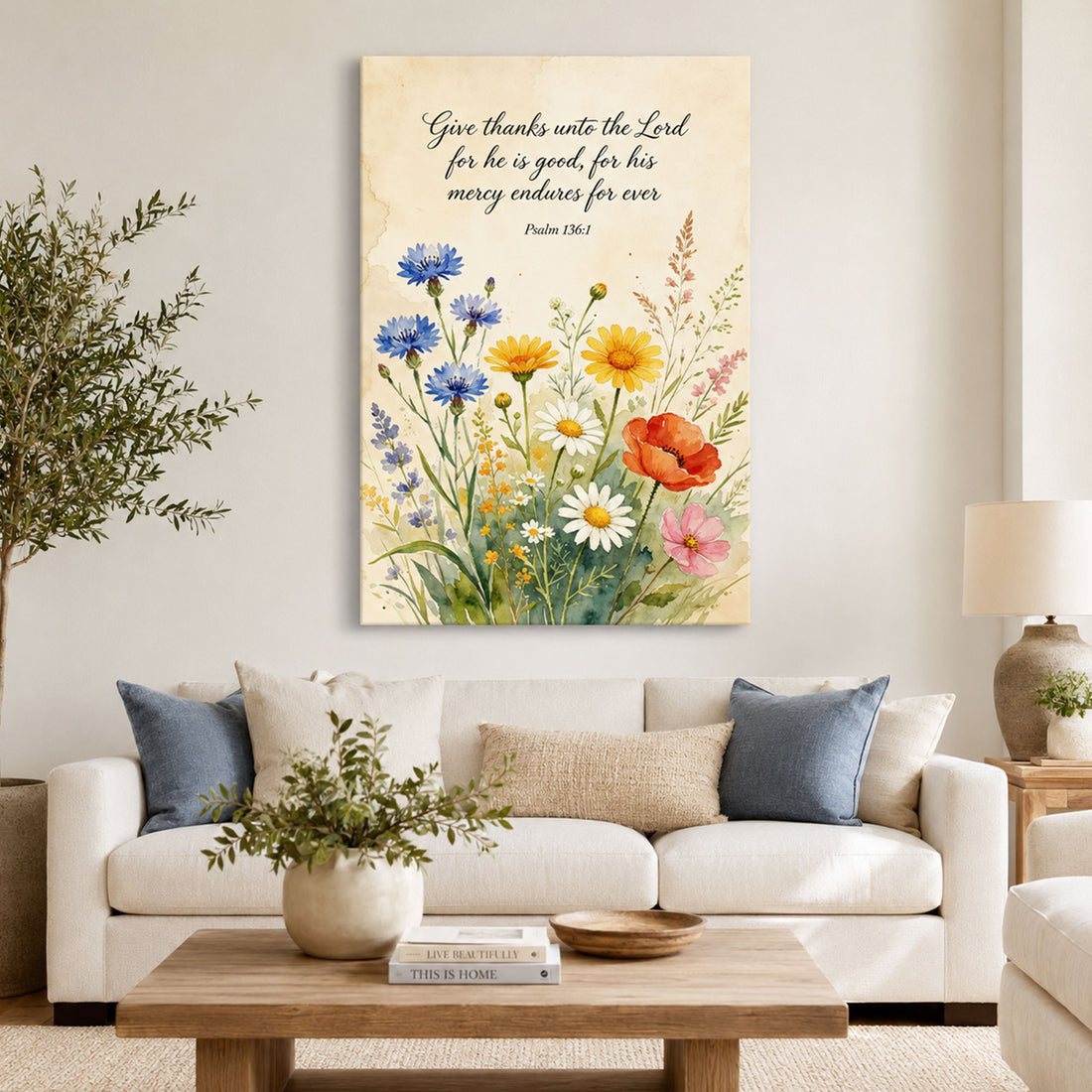 Psalm 136:1 Wildflowers Christian Canvas Print, Give Thanks to the Lord Scripture Wall Art, Religious Home Decor Gift
