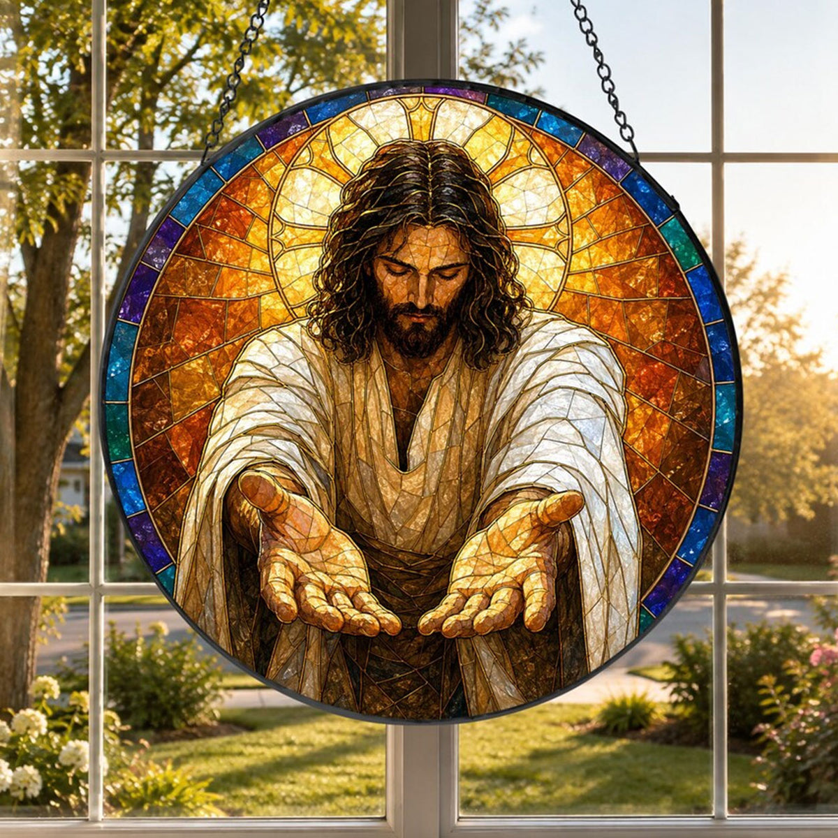 Jesus Open Hands Suncatcher, Come to Me Christian Window Hanging, Catholic Faith Gift