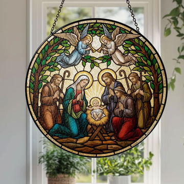 Nativity of Jesus Suncatcher, Holy Family and Shepherds Window Hanging, Christian Christmas Decor