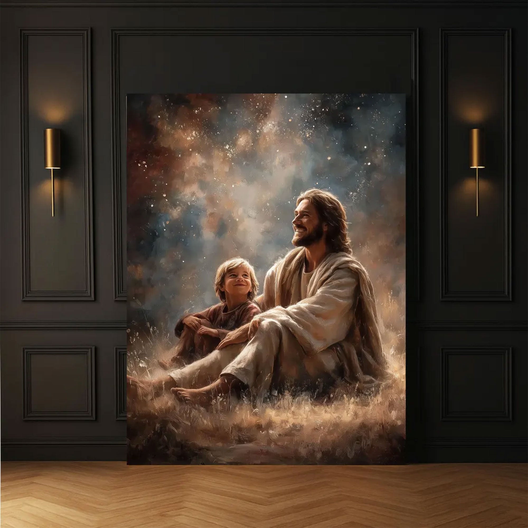 Jesus with Child Under Stars Canvas Wall Art, Spiritual Faith Painting, Religious Home Decor