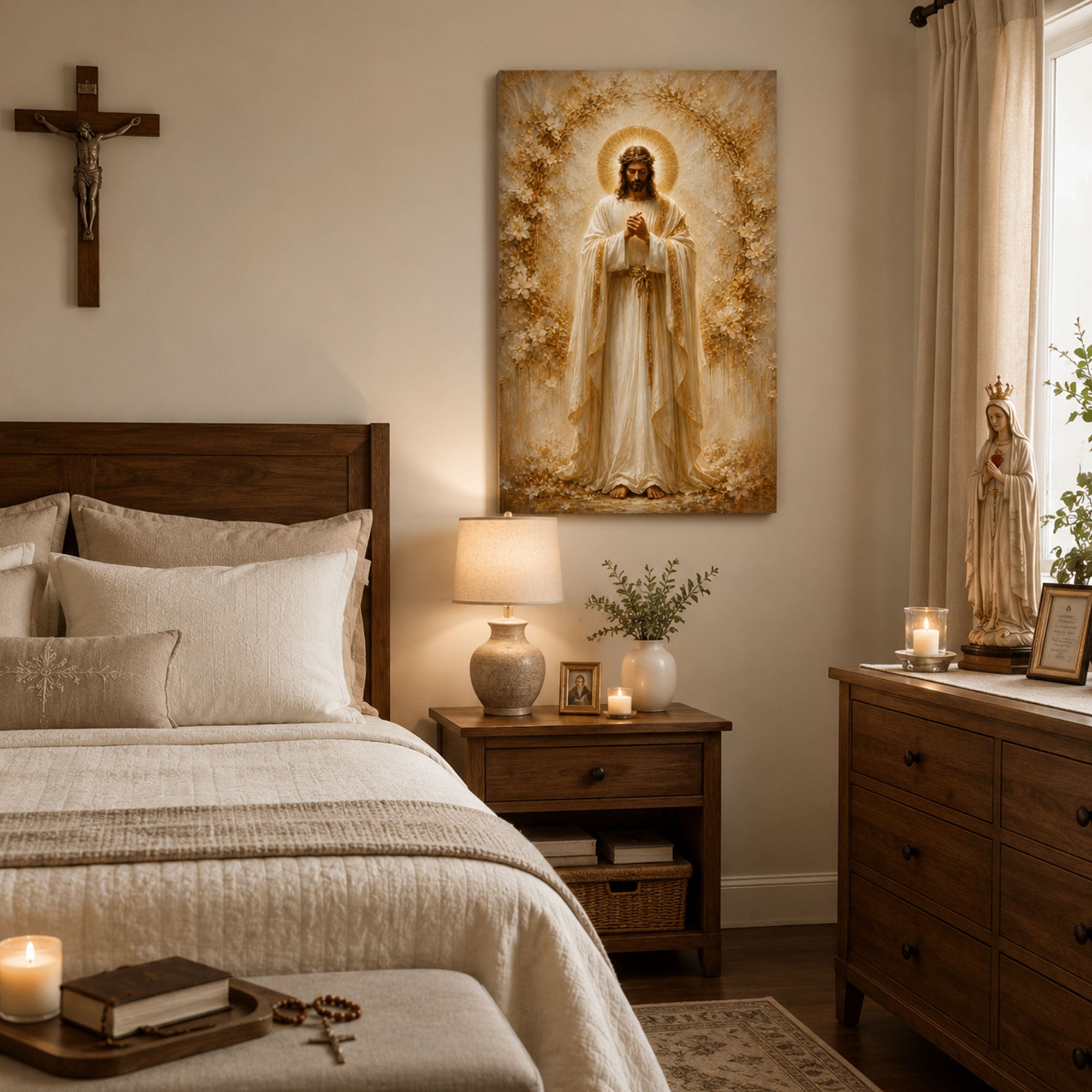 Jesus in Prayer with Crown of Thorns Canvas Print, Catholic Christian Home Decor