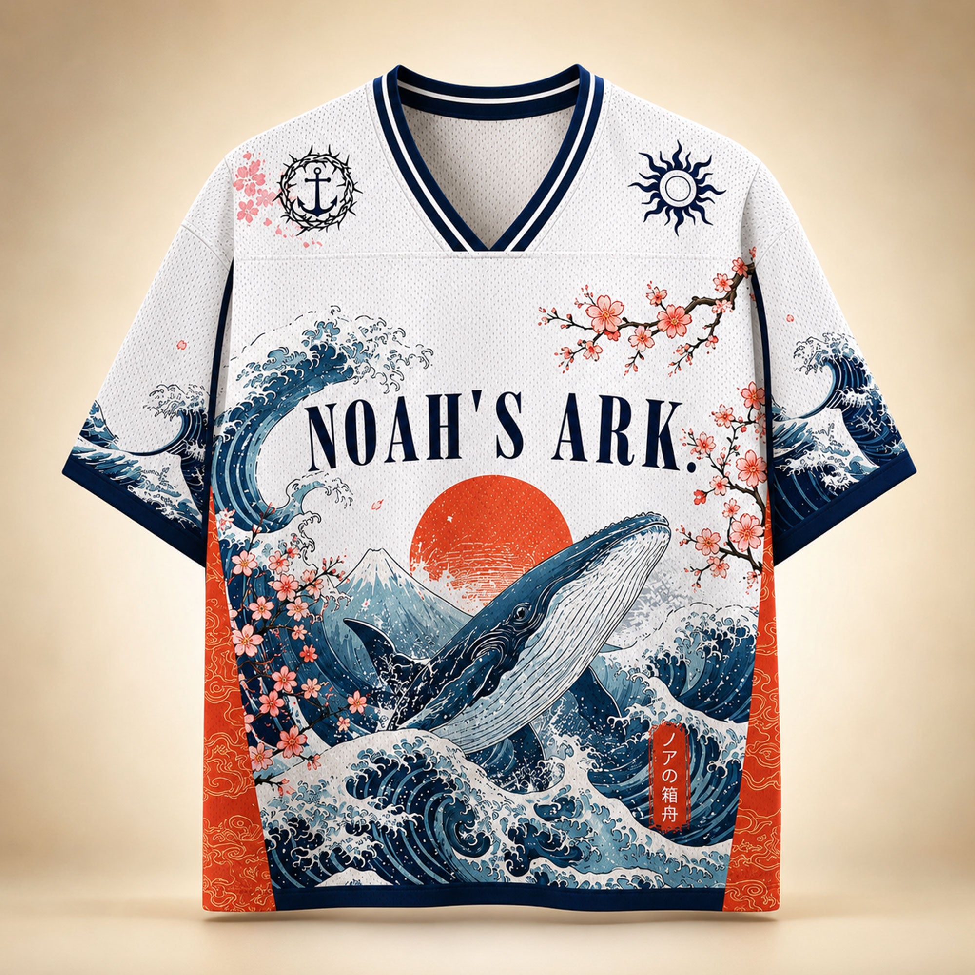 Noah’s Ark Whale Christian Mesh Jersey, Japanese Wave Biblical Faith Shirt, Ocean Religious Apparel