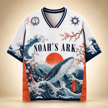 Noah’s Ark Whale Christian Mesh Jersey, Japanese Wave Biblical Faith Shirt, Ocean Religious Apparel