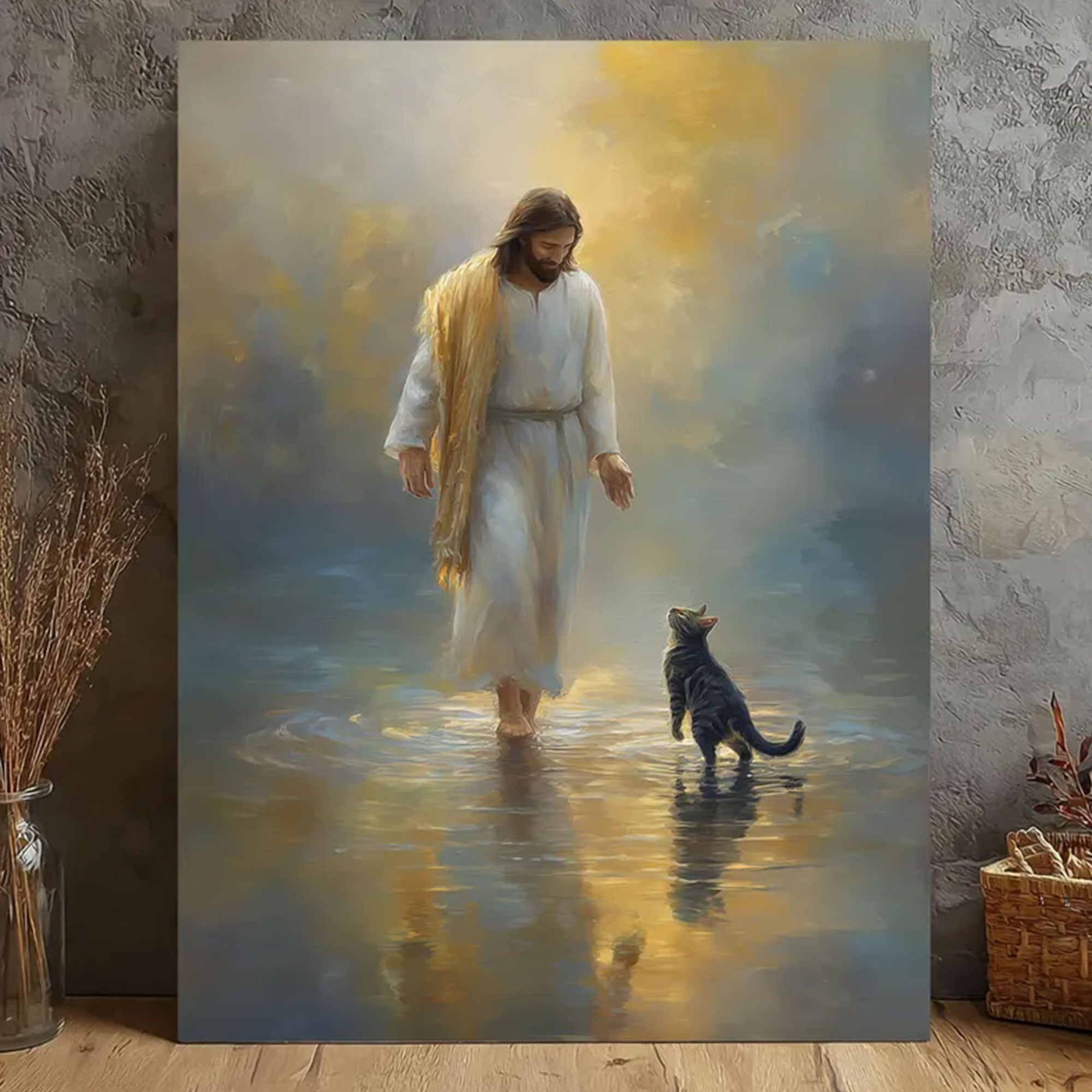 Jesus and Cat Canvas Wall Art, Peaceful Christian Home Decor, Religious Animal Painting,Gifts for cat lovers