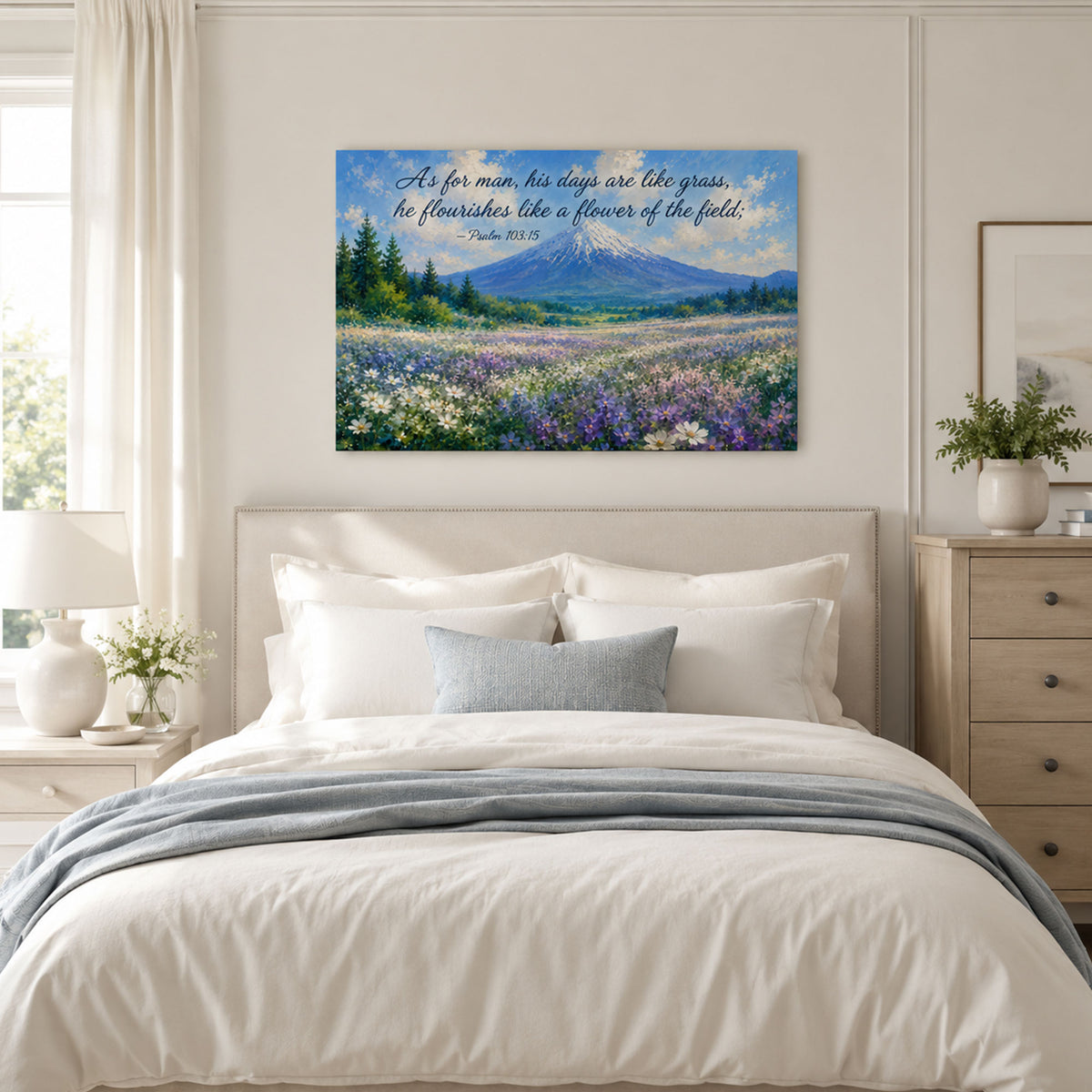 Psalm 103:15 Canvas Print, Mount Fuji Wildflower Bible Verse, Christian Wall Decor