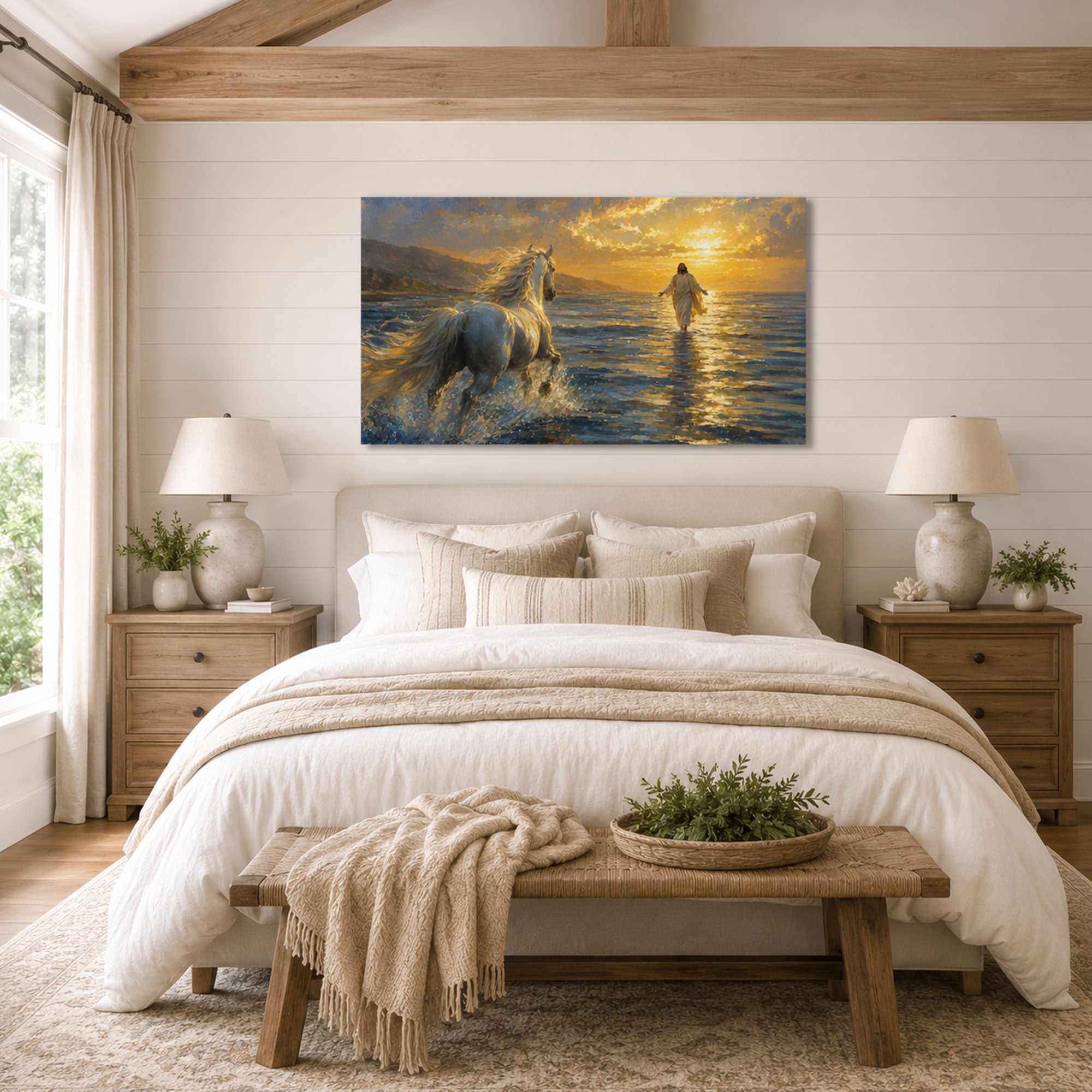 White Horse Running Toward Jesus Canvas Print, Christian Home Decor