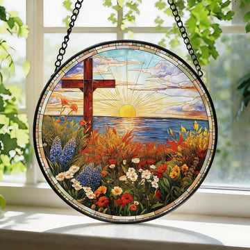 Christian Cross Sunrise Suncatcher, Ocean and Wildflower Window Hanging, Faith Inspired Home Decor